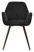 Pair of Bentley Designs dark grey chenille curve back dining chairs with bronze legs, showcasing plush upholstery and elegant design.
