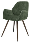 Pair of Bentley Designs green chenille curve-back dining chairs with bronze legs, showcasing plush upholstery and stylish design.