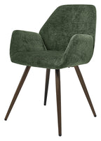 Pair of Bentley Designs green chenille curve-back dining chairs with bronze legs, showcasing plush upholstery and stylish design.