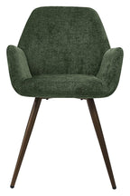 Pair of green chenille curve back dining chairs with bronze legs by Bentley Designs, showing plush upholstery and stylish design.