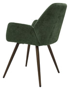 Pair of Bentley Designs green chenille curve back dining chairs with bronze legs, showcasing stylish upholstery and elegant design.