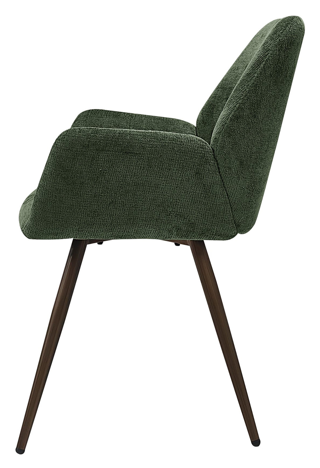 Pair of Bentley Designs green chenille curve back dining chairs with bronze legs, featuring plush upholstery and stylish design.