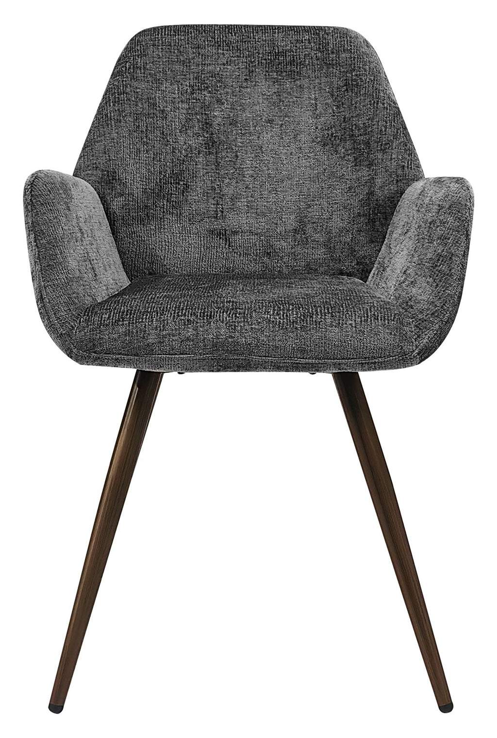 Pair of Bentley Designs grey chenille curve back dining chairs with bronze legs, showcasing plush upholstery and elegant design.