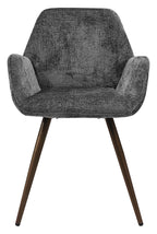 Pair of Bentley Designs grey chenille curve back dining chairs with bronze legs, showcasing plush upholstery and elegant design.
