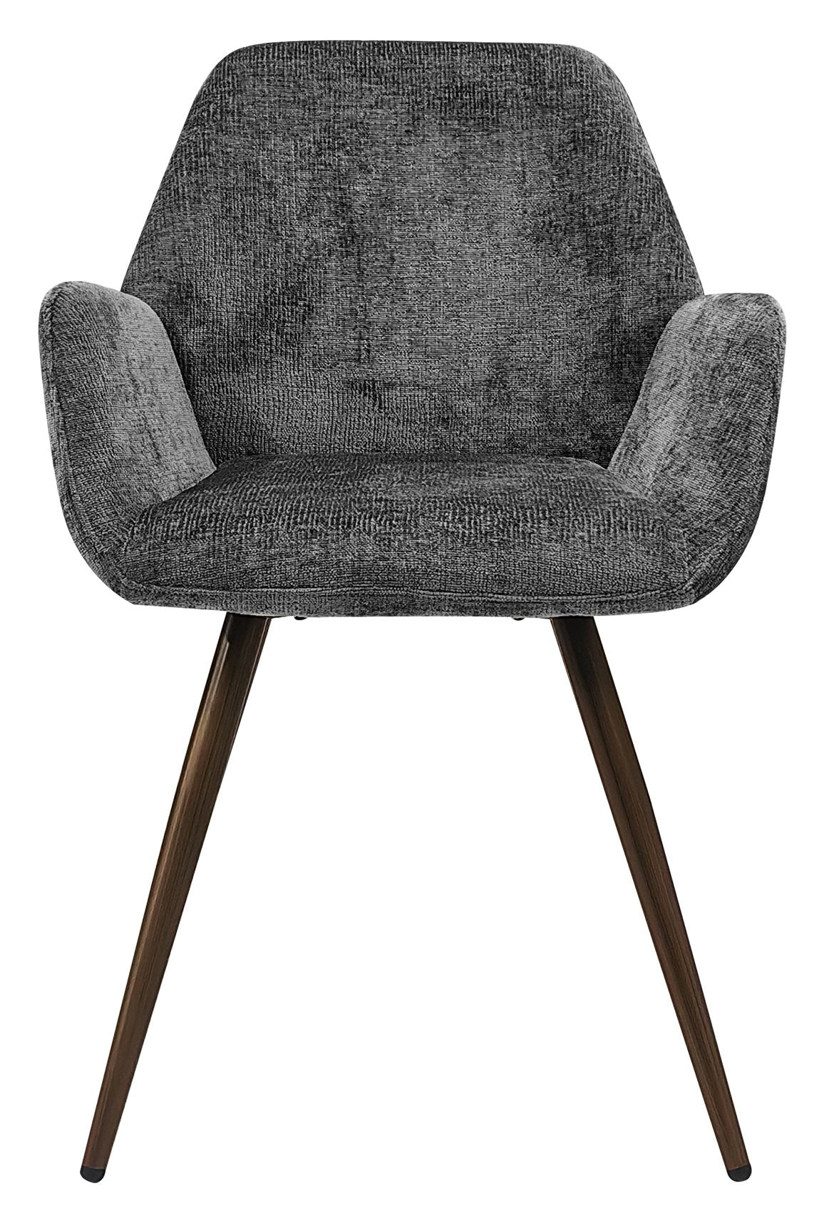 Pair of Bentley Designs grey chenille curve back dining chairs with bronze legs, showcasing plush upholstery and elegant design.