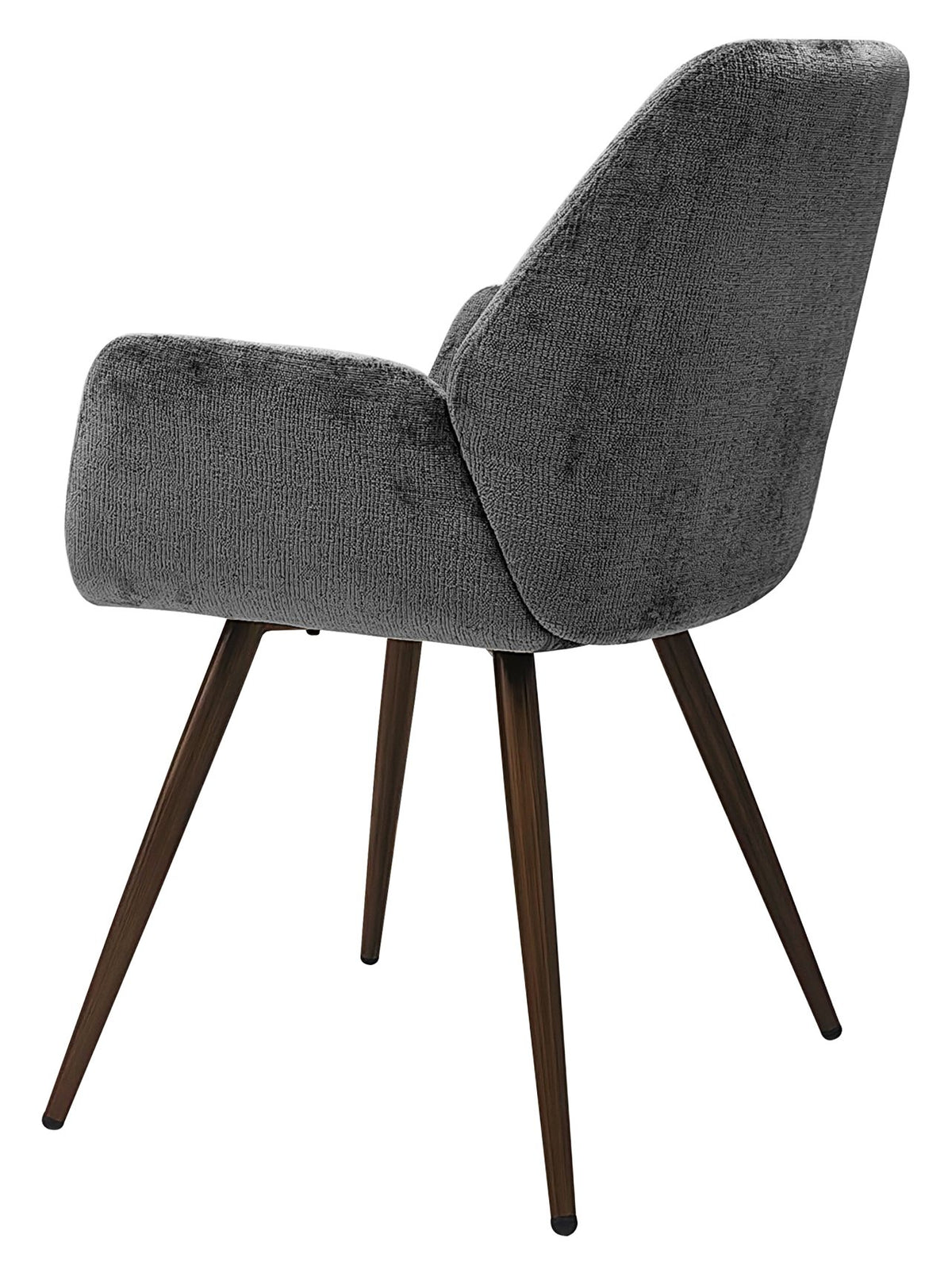 Pair of Bentley Designs grey chenille curve back dining chairs with bronze legs, showcasing plush upholstery and stylish design.