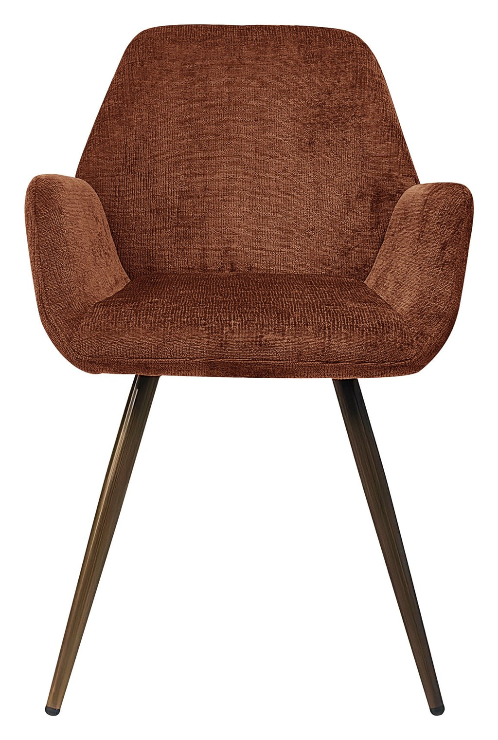 Pair of Bentley Designs orange rust chenille dining chairs with curve back and bronze legs.