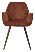 Pair of Bentley Designs orange rust chenille dining chairs with curve back and bronze legs.