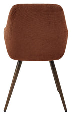 Pair of Bentley Designs orange rust chenille curve back dining chairs with bronze legs, featuring plush upholstery and elegant design.