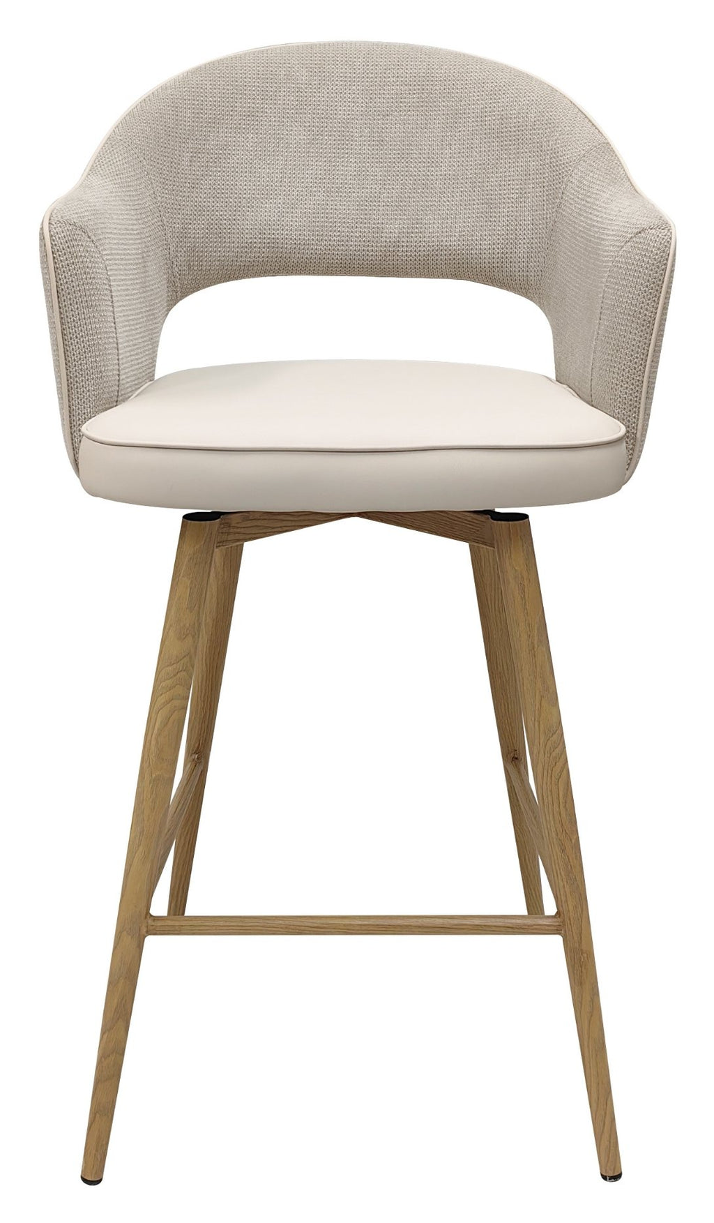 Hanson Beige Fabric And Ivory Faux Leather Two Tone Return Swivel Bar Stool with Oak Effect Legs (Single) - Home Furniture Interiors