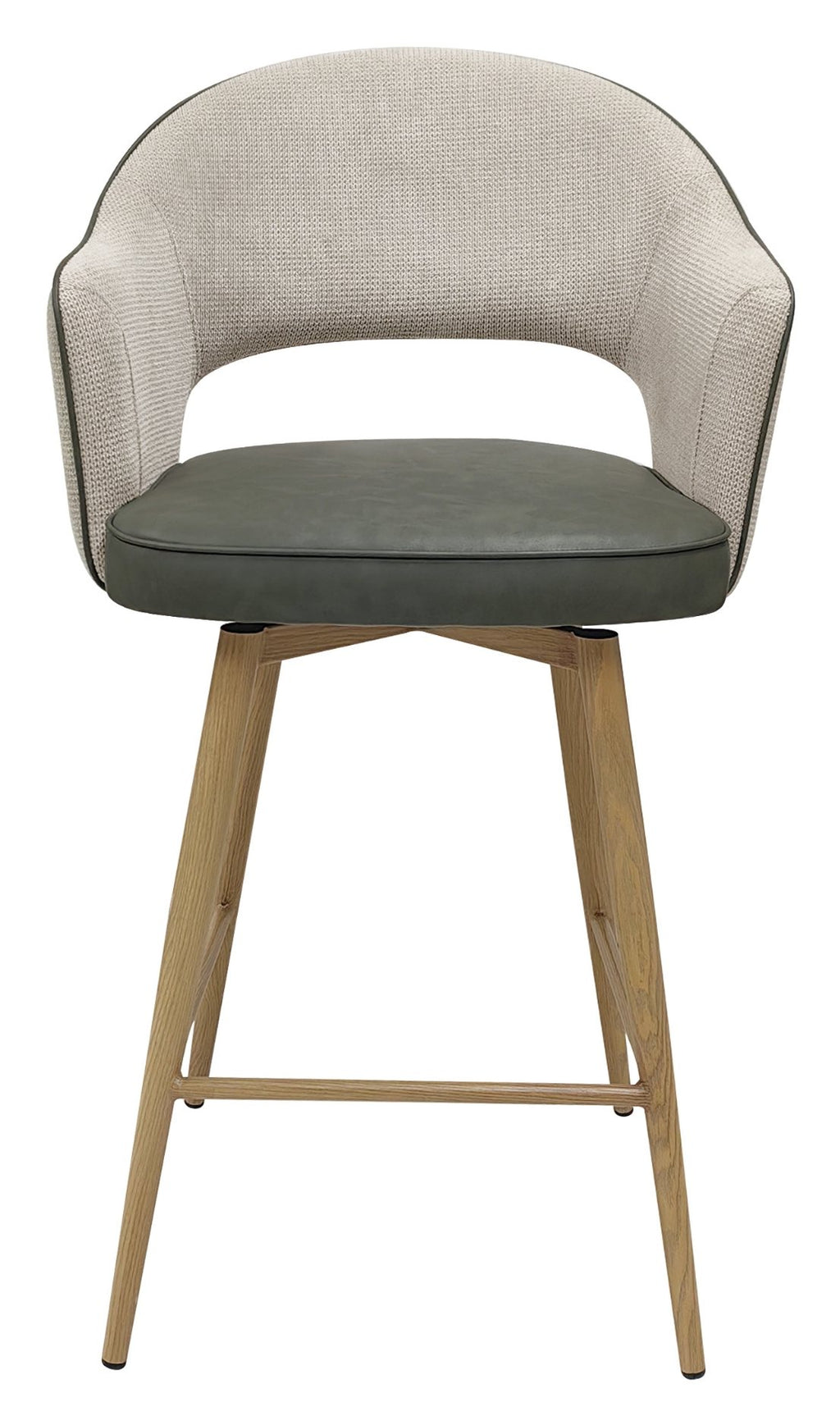 Hanson Beige Fabric And Olive Faux Leather Two Tone Return Swivel Bar Stool with Oak Effect Legs (Single) - Home Furniture Interiors