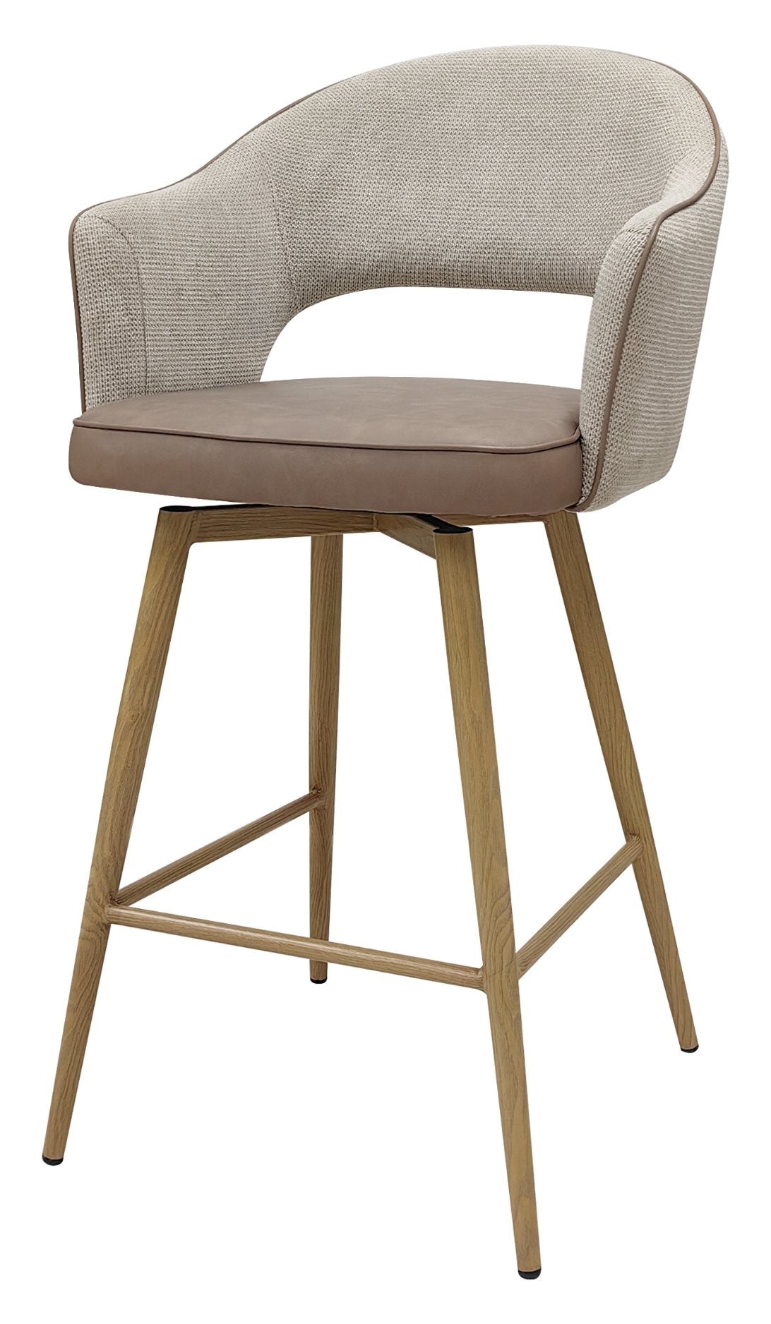 Hanson Beige Fabric And Vintage Stone Faux Leather Two Tone Return Swivel Bar Stool with Oak Effect Legs (Single)