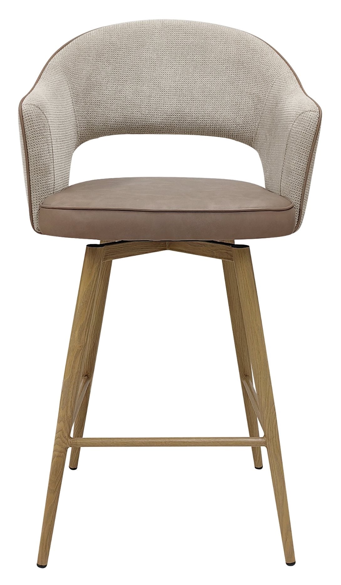 Hanson Beige Fabric And Vintage Stone Faux Leather Two Tone Return Swivel Bar Stool with Oak Effect Legs (Single) - Home Furniture Interiors