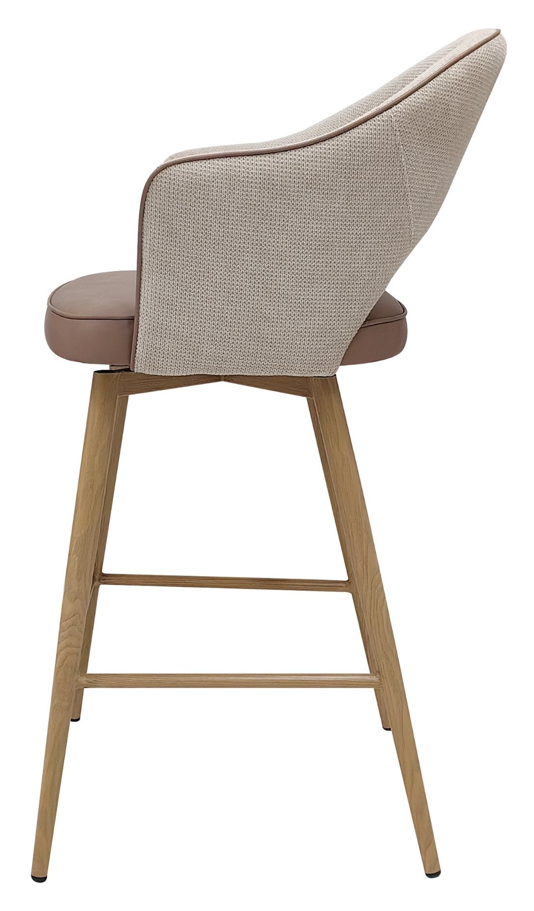 Hanson Beige Fabric And Vintage Stone Faux Leather Two Tone Return Swivel Bar Stool with Oak Effect Legs (Single) - Home Furniture Interiors