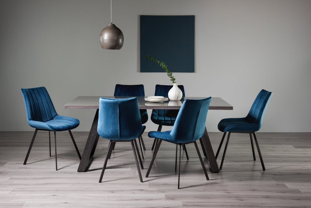 Grey Glass Rectangular Dining Set 6 Blue Velvet Chairs