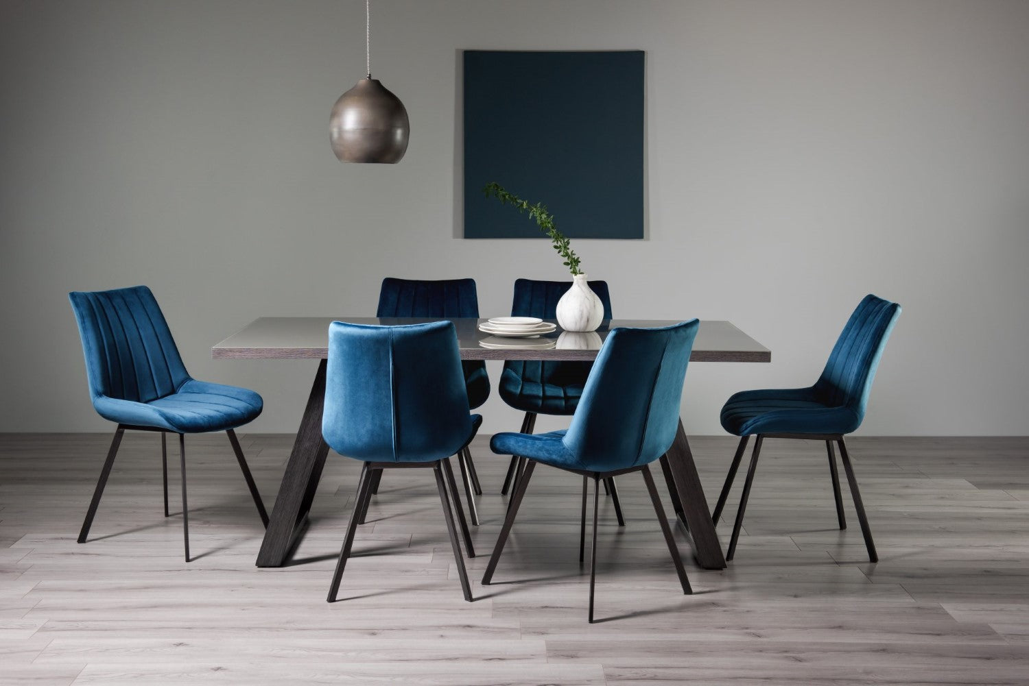 Grey Glass Rectangular Dining Set 6 Blue Velvet Chairs