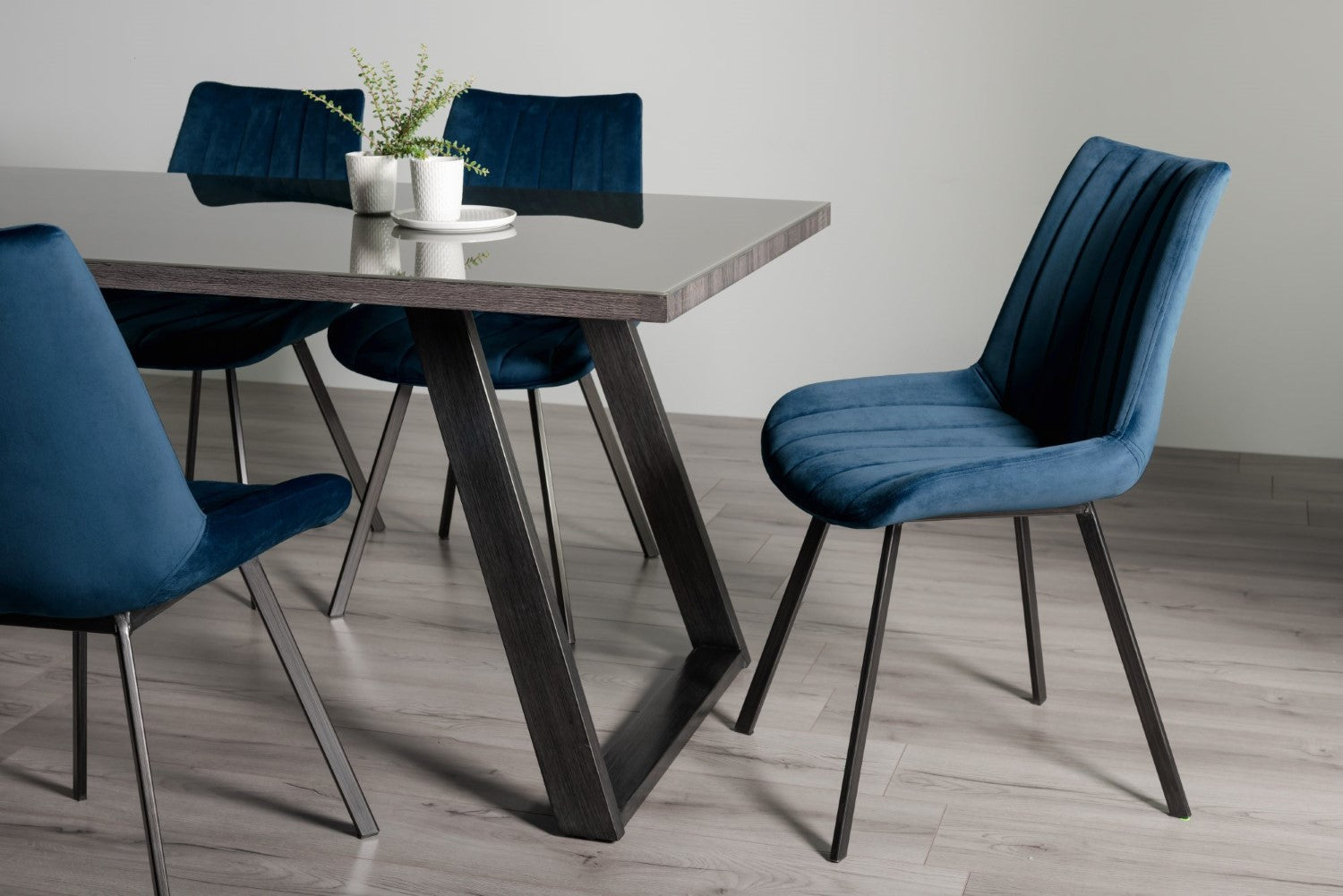 Grey Glass Rectangular Dining Set 6 Blue Velvet Chairs - Home Furniture Interiors
