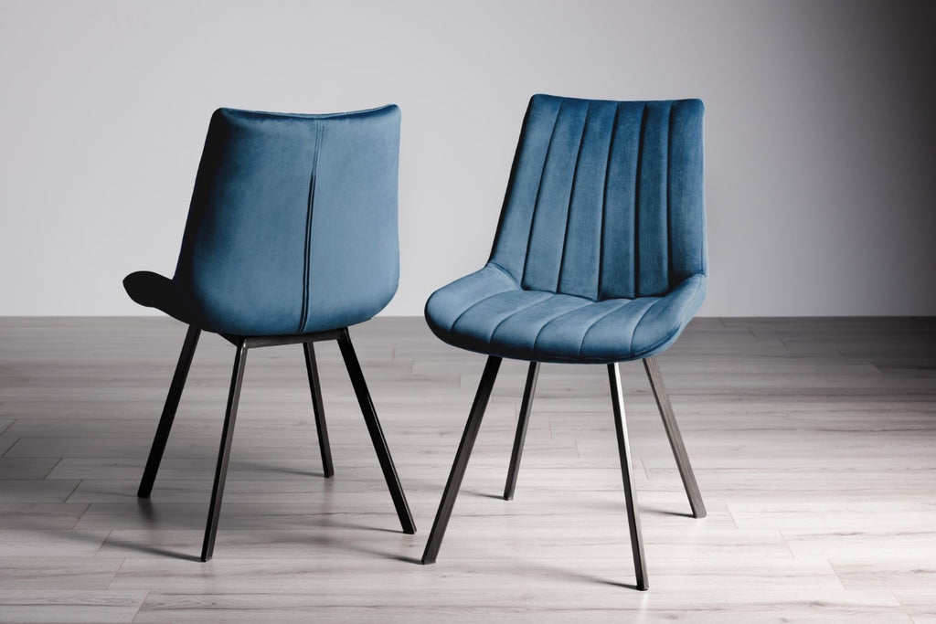 Grey Glass Rectangular Dining Set 6 Blue Velvet Chairs - Home Furniture Interiors