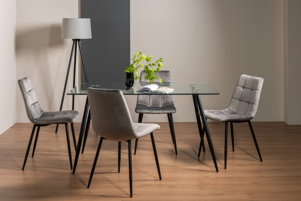 Clear Glass Dining Table Set 4 Grey Velvet Dining Chairs