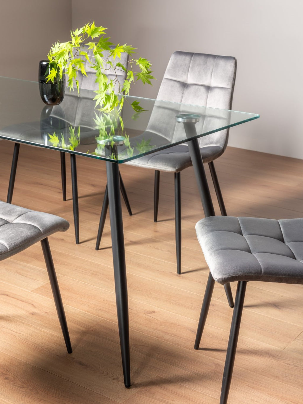 Clear Glass Dining Table Set 4 Grey Velvet Dining Chairs - Home Furniture Interiors