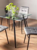Clear Glass Large Dining Table Set 6 Grey Velvet Chairs - Home Furniture Interiors