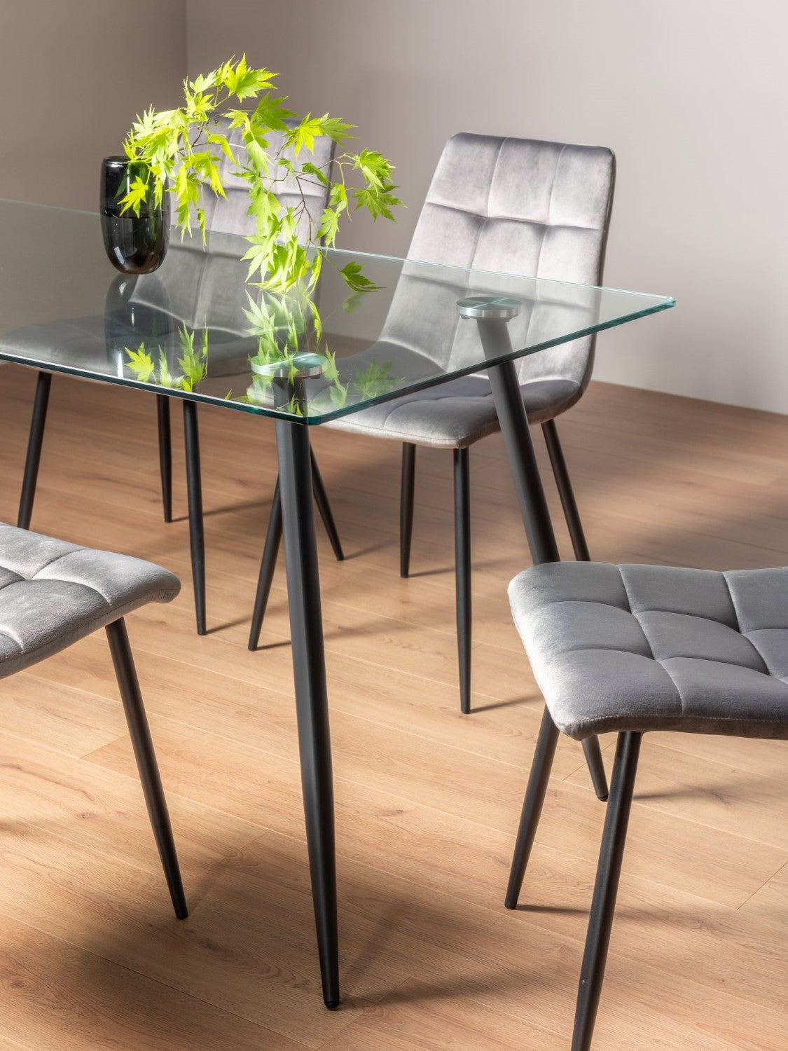 Clear Glass Large Dining Table Set 6 Grey Velvet Chairs - Home Furniture Interiors