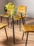 Clear Glass Dining Table Set 4 Yellow Velvet Fabric Chairs - Home Furniture Interiors