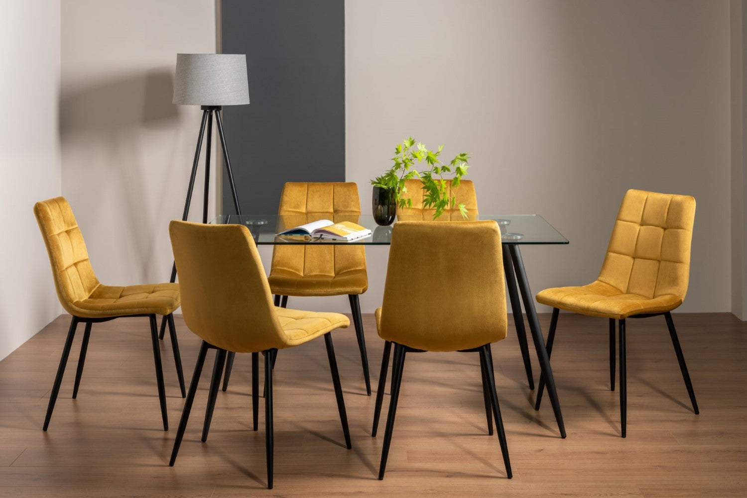 Rectangular Glass Dining Table Set 6 Yellow Velvet Chairs