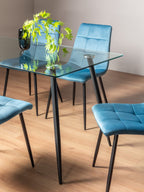 Clear Glass Dining Table Set 4 Blue Velvet Fabric Chairs - Home Furniture Interiors