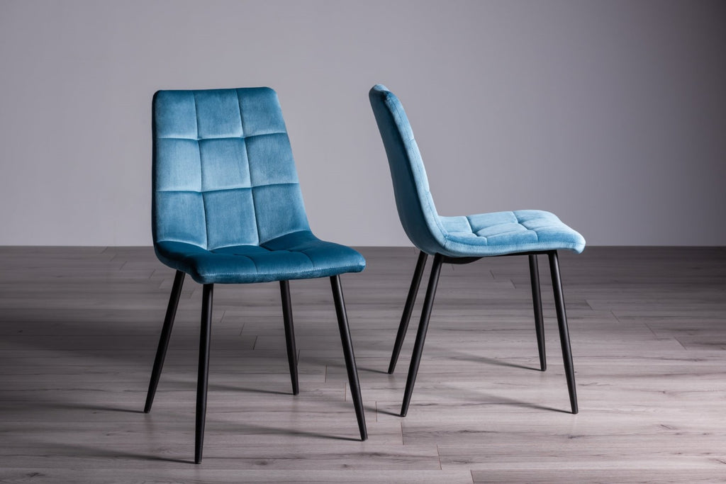 Clear Glass Dining Table Set 4 Blue Velvet Fabric Chairs - Home Furniture Interiors