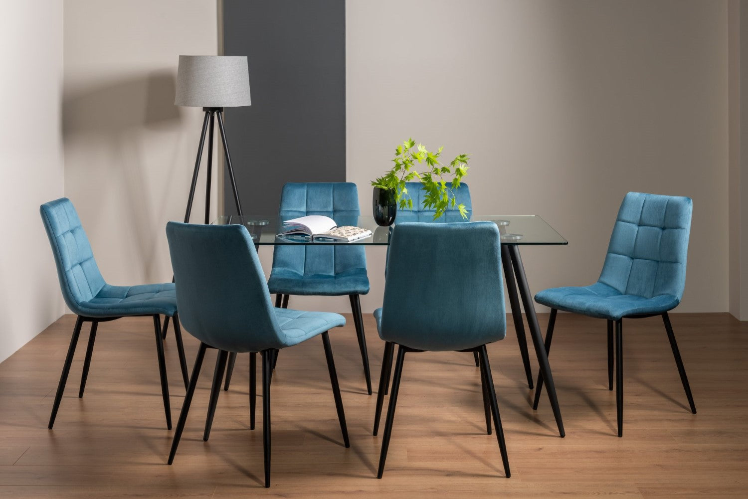 Rectangular Dining Table 6 Blue Velvet Chairs Dining Set