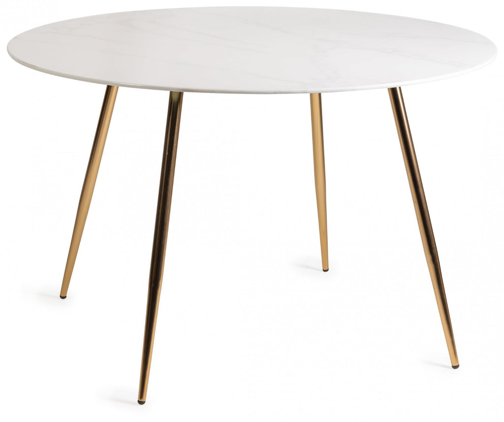White marble glass round dining table with gold legs, modern design by Bentley Designs, suitable for contemporary dining spaces.