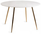 White marble glass round dining table with gold legs, modern design by Bentley Designs, suitable for contemporary dining spaces.
