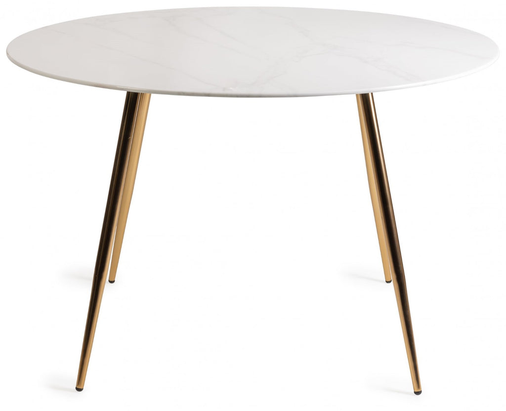 White marble glass round dining table with gold legs, Bentley Designs dining table for modern home dining spaces.