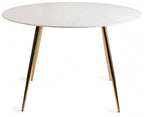 White marble glass round dining table with gold legs, Bentley Designs dining table for modern home dining spaces.