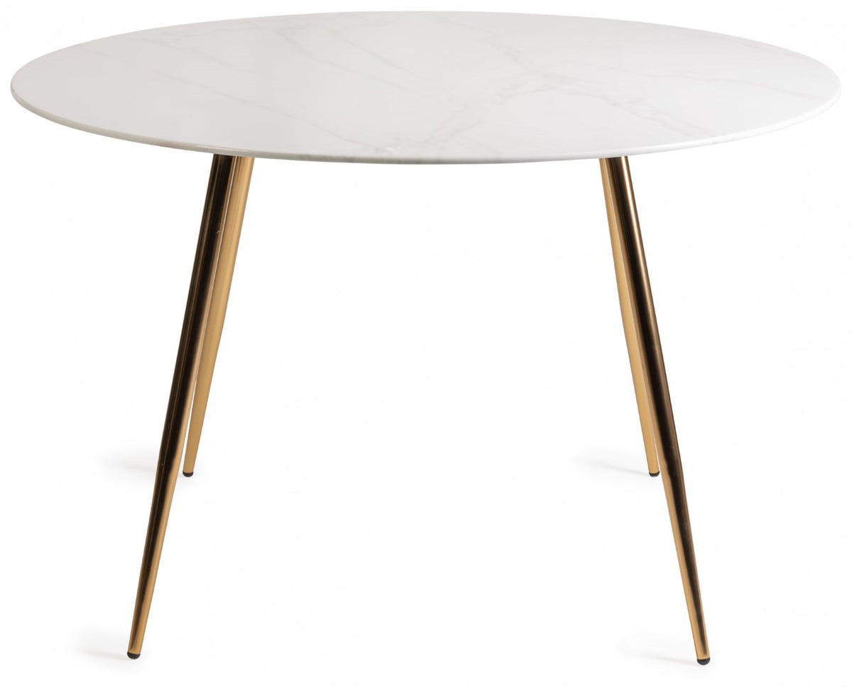 White marble glass round dining table with gold legs, Bentley Designs dining table for modern home dining spaces.