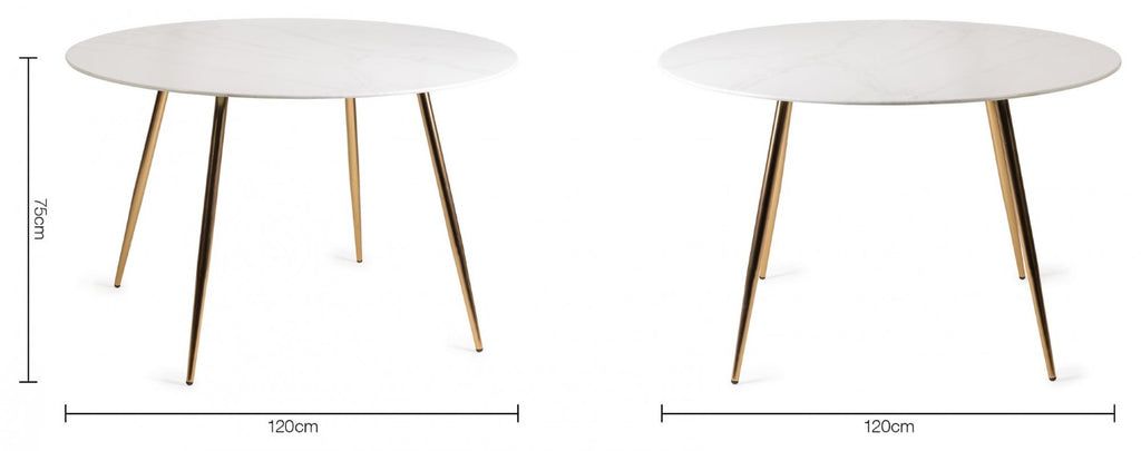 White marble glass round dining table with gold legs, stylish Bentley Designs dining table perfect for modern dining rooms.