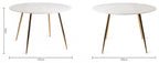 White marble glass round dining table with gold legs, stylish Bentley Designs dining table perfect for modern dining rooms.