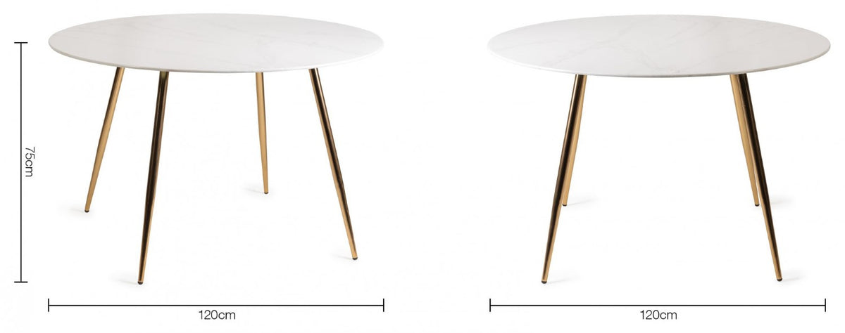 White marble glass round dining table with gold legs, stylish Bentley Designs dining table perfect for modern dining rooms.