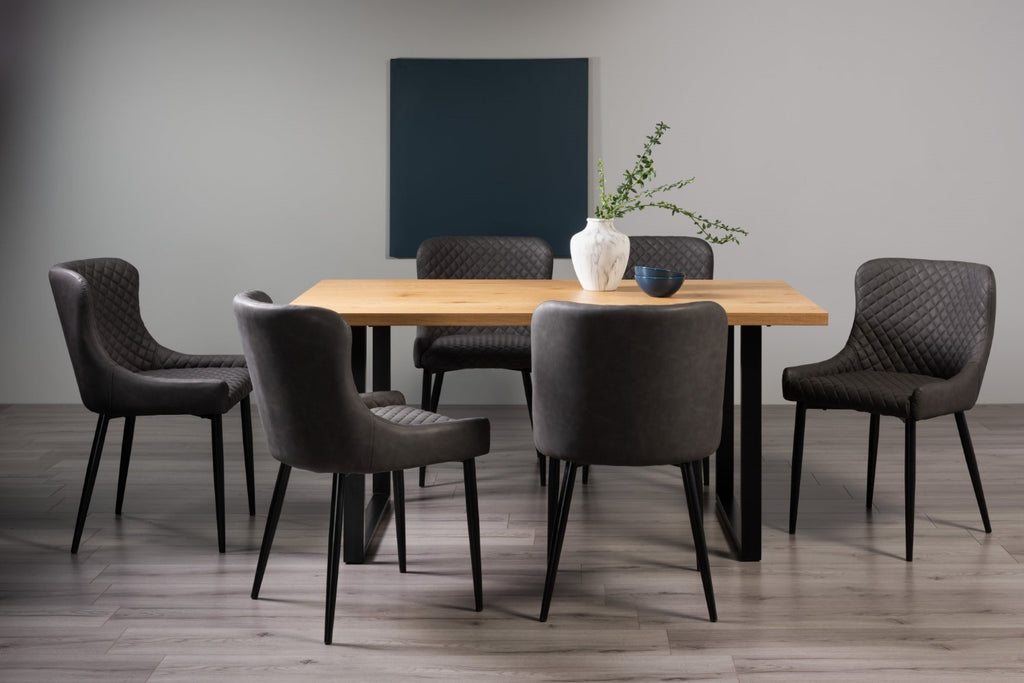 Rustic Oak Dining Table Set 6 Dark Grey Leather Chairs