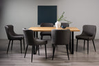 Rustic Oak Dining Table Set 6 Dark Grey Leather Chairs