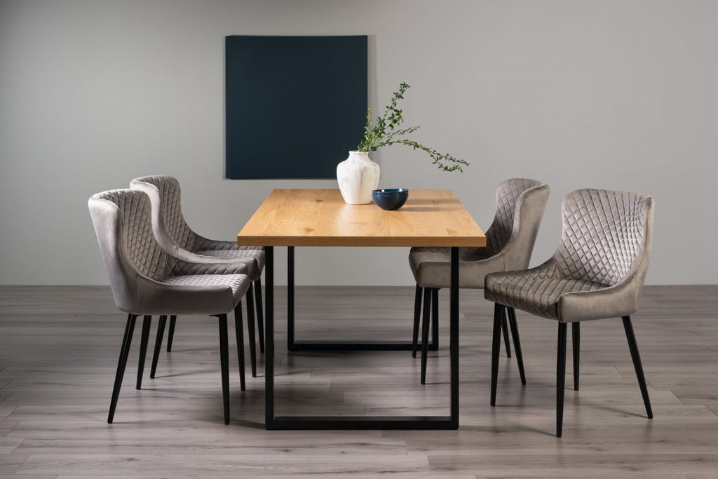 Rustic Oak Dining Table Set 4 Grey Velvet Chairs