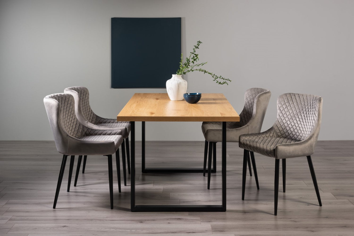 Rustic Oak Dining Table Set 4 Grey Velvet Chairs