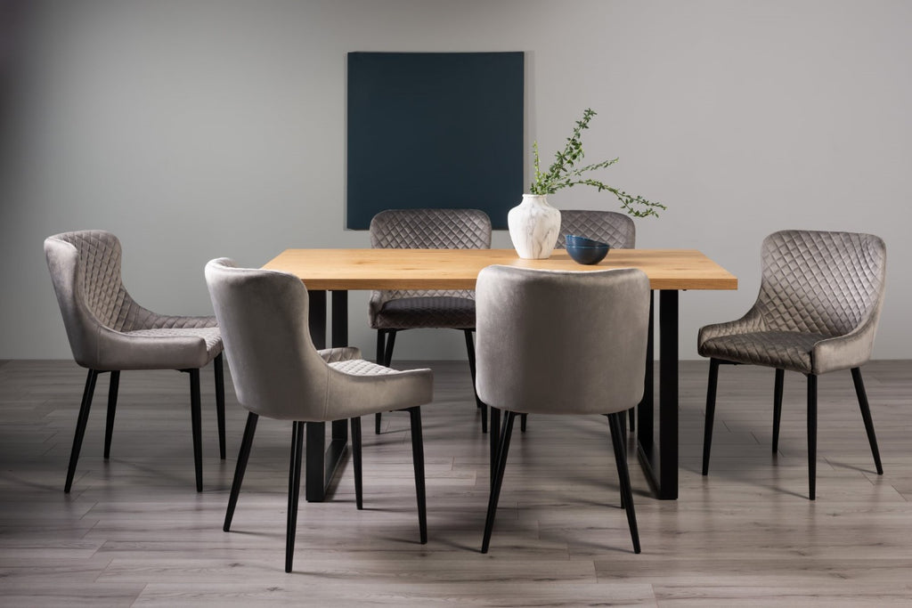 Oak Rectangular Dining Table U Legs 6 Grey Velvet Chairs Set