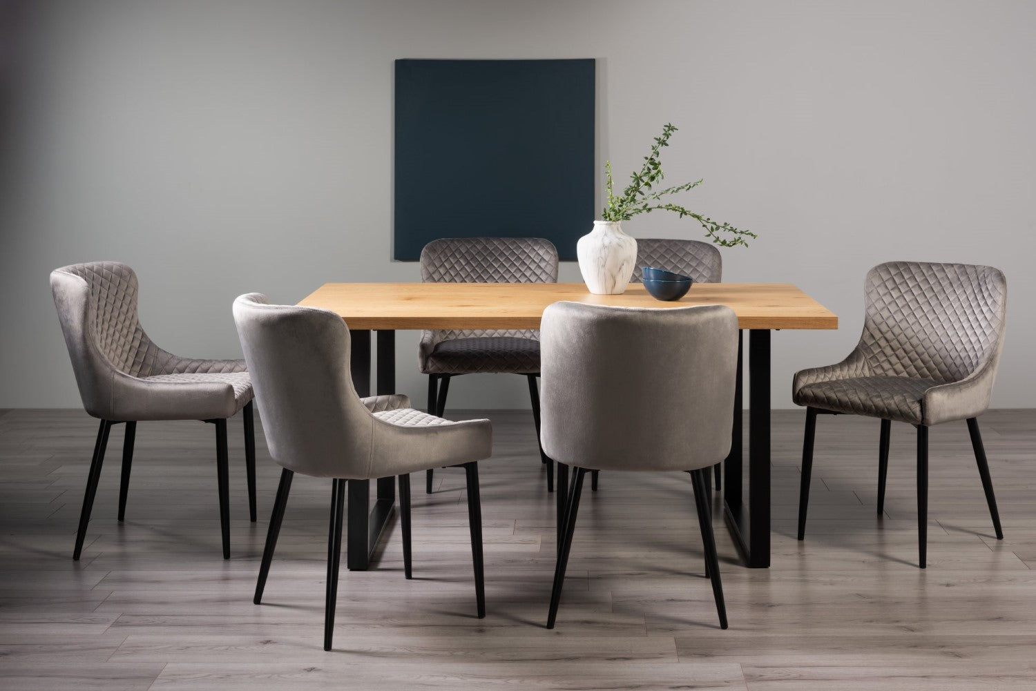 Oak Rectangular Dining Table U Legs 6 Grey Velvet Chairs Set