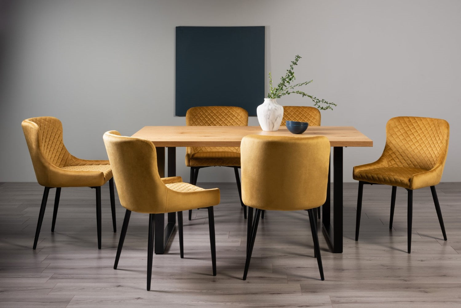 Oak Rectangular Table 6 Yellow Velvet Chairs Dining Set