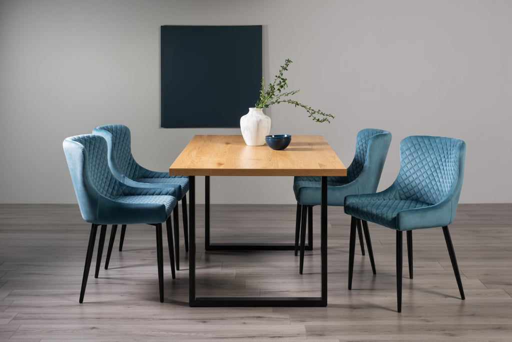 Rustic Oak 160cm Dining Set 4 Blue Velvet Chairs