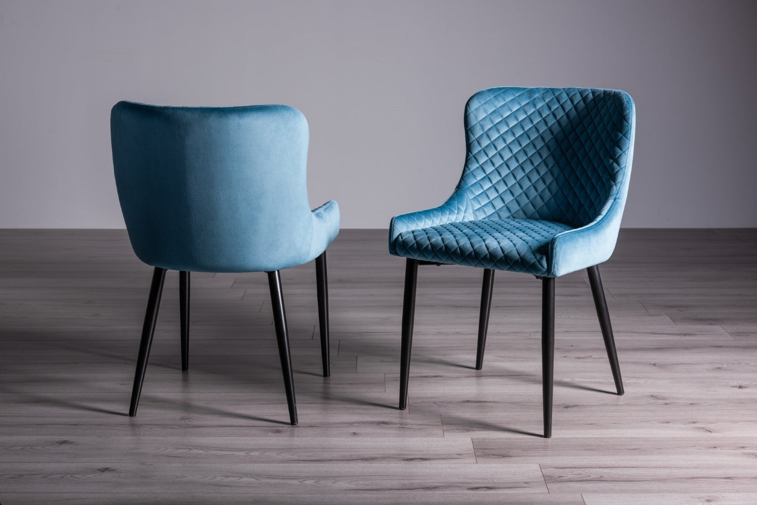 Rustic Oak Dining Set U Legs 6 Blue Velvet Fabric Chairs - Home Furniture Interiors