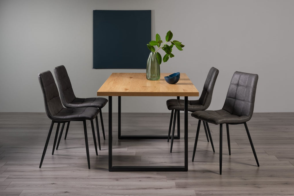 Rustic Oak Dining Table Set 4 Dark Grey Faux Leather Chairs