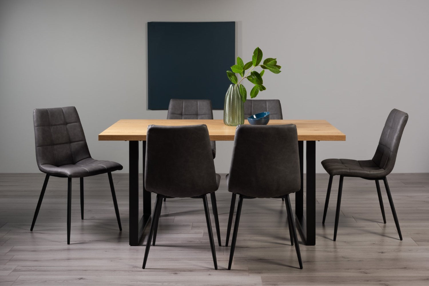 Rustic Oak Dining Table Set U Leg 6 Dark Grey Leather Chairs